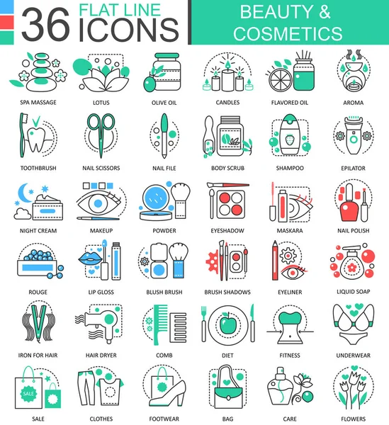 Vektör güzellik kozmetik uygulamalar ve web tasarım için satır anahat simgeleri düz. Güzellik kozmetik araçlar simgesi.