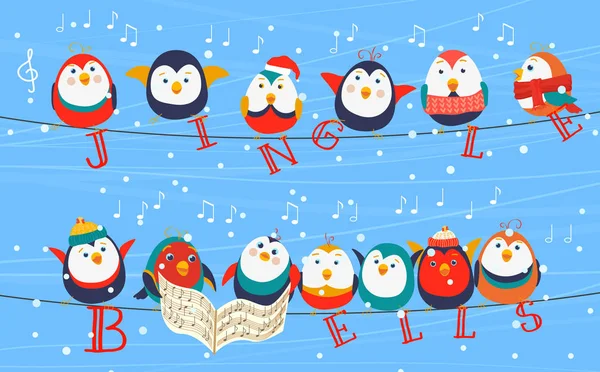 Os pássaros de Natal em fios cumprimentam o cartão. Pássaros de Natal segurando Jingle Bells palavras. Feliz Ano Novo . — Vetor de Stock