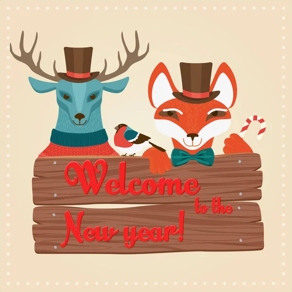 Christmas cute forest animals deer and fox holding sign board with Welcome to the New Year words. Vector fashionable animals in clothes. — Stock Vector