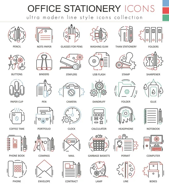 Línea de papelería Vector Office iconos de contorno de línea de color rojo para aplicaciones y diseño web. Elementos de papelería de oficina herramientas iconos . — Vector de stock