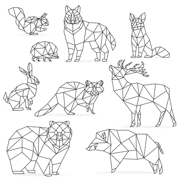 Conjunto de animales de línea baja de poli. Origami poligonal line animals. Lobo oso ciervo jabalí zorro mapache conejo erizo . — Vector de stock