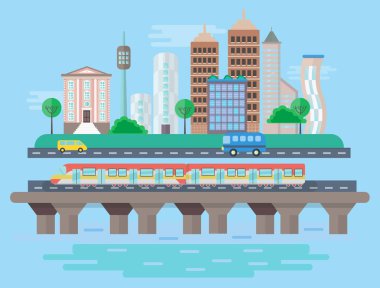 Vektör kentsel modern şehir manzara düz konsept illüstrasyon. Akıllı şehir metro, arabalar, binalar ve gökdelenler. Cityscape manzara.