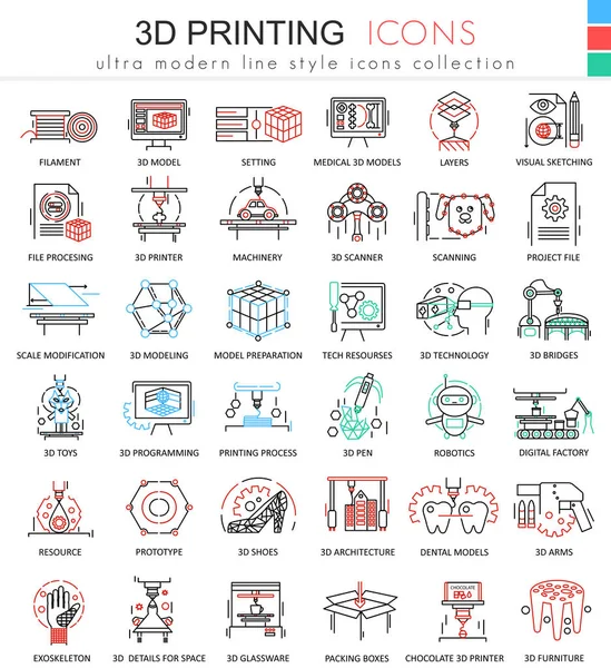 Vector 3d línea de impresión de color esbozar iconos para aplicaciones y diseño web. Iconos de tecnología de impresión 3D futuro . — Vector de stock