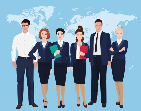 Щаслива група професійної бізнес-команди, що стоїть на фоні світової карти. Бізнесмен і бізнес-леді . — стоковий вектор