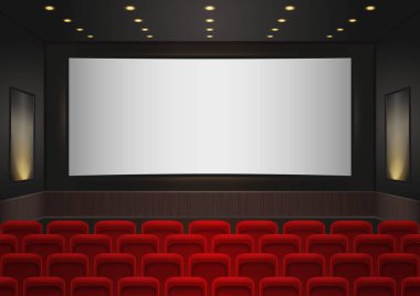 Bir sinema sinema iç. Kırmızı sinema ya da tiyatro koltukları beyaz boş ekran önünde. Boş sinema konferans salonu arka plan vektör çizim.