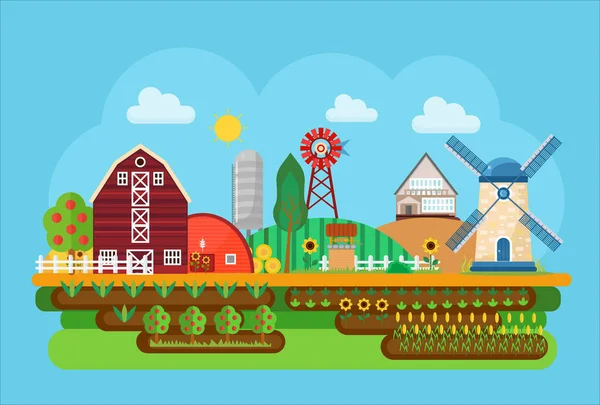 Vektorové ilustrace plochý koncepce zemědělské vesnice krajiny. Zemědělské městečko. — Stockový vektor