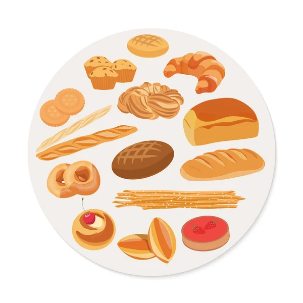 Forma de círculo con varios productos de pastelería y panadería en estilo plano . — Vector de stock