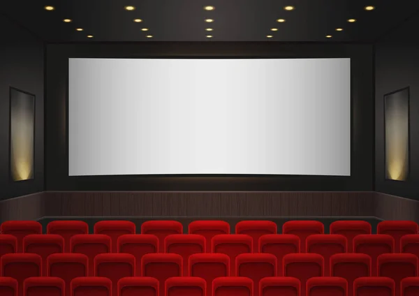 Bir sinema sinema iç. Kırmızı sinema ya da tiyatro koltukları beyaz boş ekran önünde. Boş sinema konferans salonu arka plan vektör çizim.