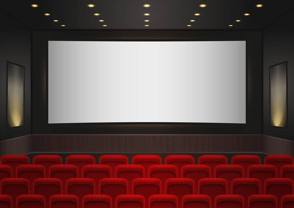 Interior of a cinema movie theatre. Red cinema or theater seats in front of white blank screen. Empty Cinema auditorium background vector illustration.