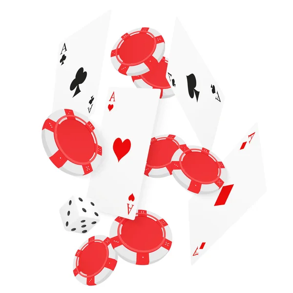 Concept de casino Cartes et jetons flottants. Casino poker modèle de conception. Tomber cartes de poker et jetons jeu fond ucky . — Image vectorielle