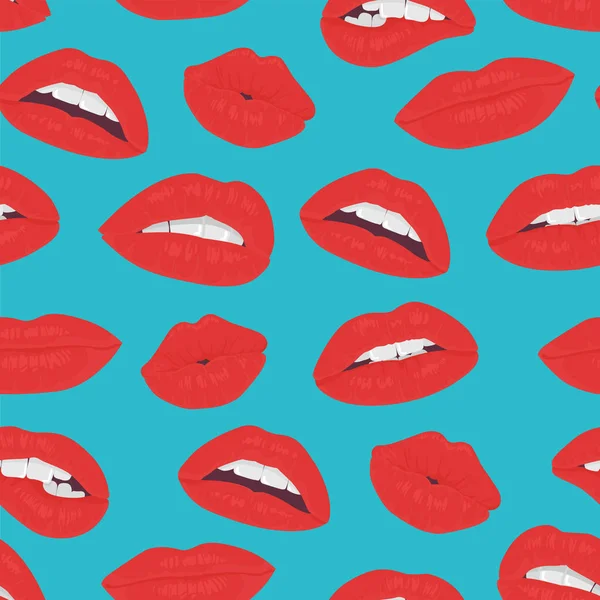 Vintage röda läppar kyssa sömlösa mönster på den blå bakgrunden. Passion kiss läppar. — Stock vektor