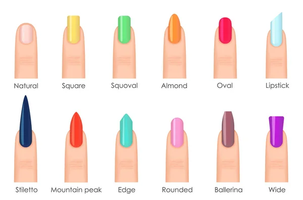 Nails shape icons set. Types of fashion bright colour nail shapes collection. Fashion nails type trends. Beauty spa salon colorful woman fingernails set. — Stock Vector