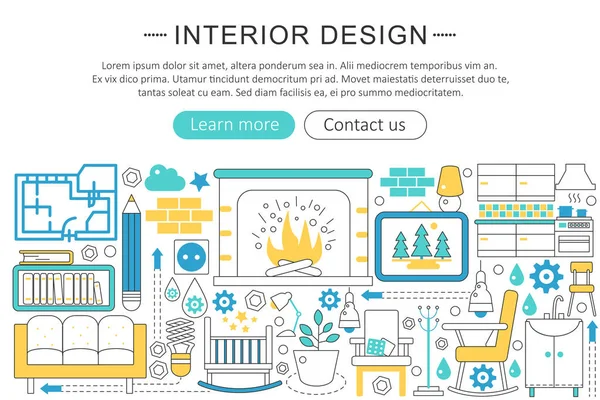 Vector modern line flat Interior design decor concept. Interior design decoration icons Website Header, app design poster banner. — Stock Vector