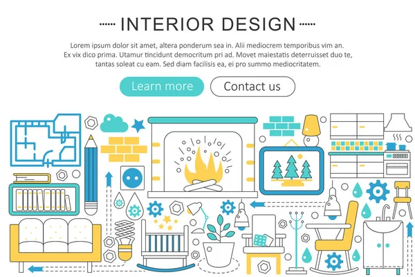 Vector moderna linha plana Design de interiores conceito de decoração. Ícones de decoração de design de interiores Website Header, app design poster banner . — Vetor de Stock