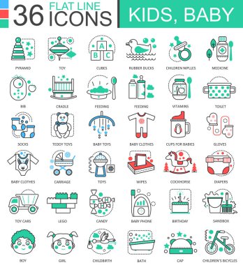 Vektör bebek apps ve web tasarım düz çizgi anahat simgelerini çocuklar. Bebek çocuk simgesi.