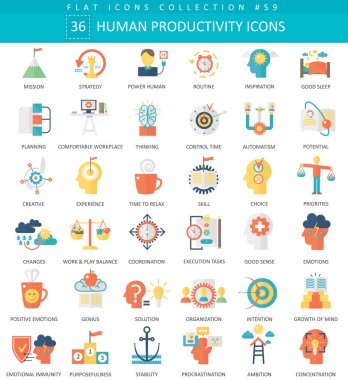 Vektör insan verimlilik renk düz Icon set. Zarif stili tasarım insan verimlilik web simgesi.