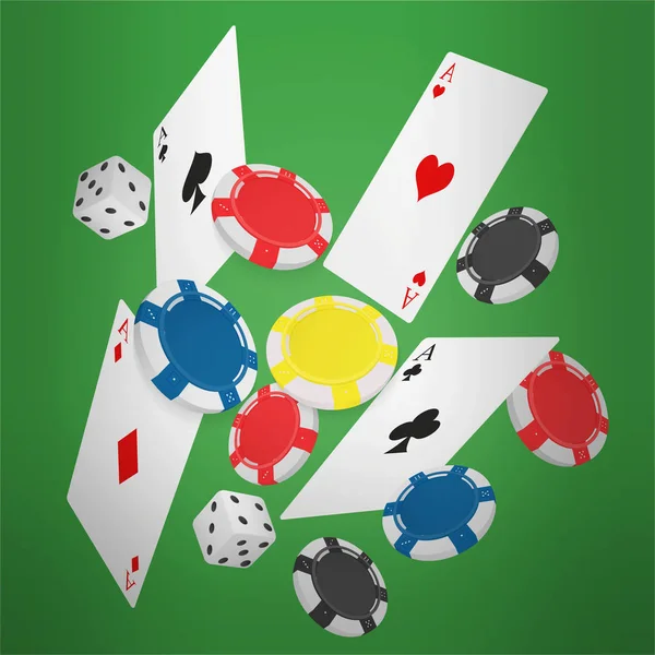 카지노 개념 카드와 칩 부동입니다. 카지노 포커 디자인 서식 파일입니다. 떨어지는 포커 카드와 칩 게임 녹색 행운 배경. — 스톡 벡터