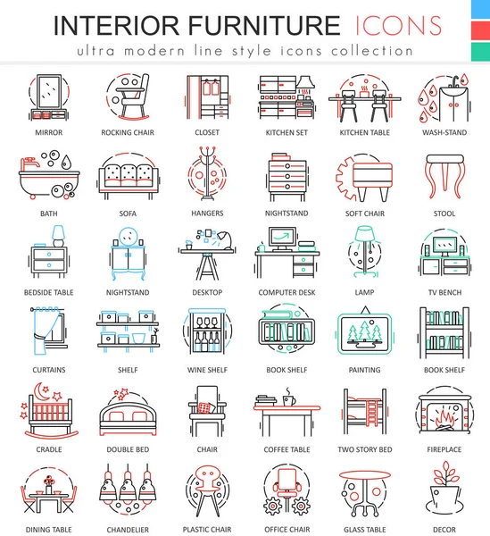 Векторный интерьер Мебель цвет линии иконки для приложений и веб-дизайна. Значки мебели для интерьера . — стоковый вектор