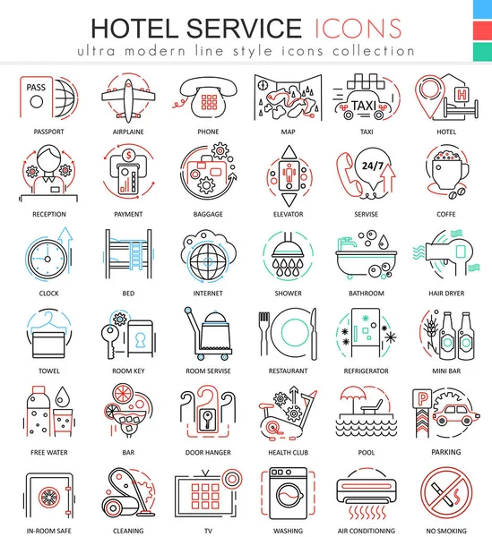 用于应用程序和 web 设计的矢量酒店服务彩色线大纲图标。酒店服务图标. — 图库矢量图片