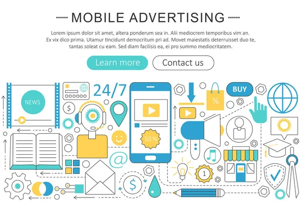Vector moderna linje platt mobil reklam marknadsföring försäljning koncept. Mobil annonsering marknadsföring teknik ikoner webbplats Header, app design affisch banner. — Stock vektor