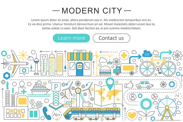 Diseño plano de línea moderna vectorial Concepto moderno de ciudad inteligente. Iconos de la ciudad inteligente moderna encabezado del sitio web, banner de póster de diseño de aplicaciones . — Vector de stock