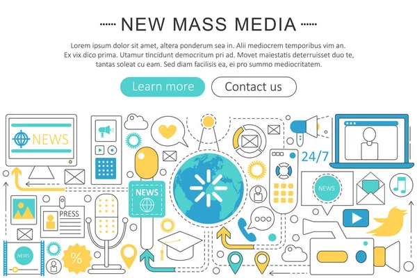 Vector moderna linje platt design nyheter massmedia koncept. Nyheter massmedia ikoner webbplats Header, app design affisch banner. — Stock vektor