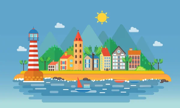 Kleine Stadt urbane Landschaft Illustration. Cartoon-Stadtbild auf den Bergen Hintergrund in der Nähe Meer Strand. Hafenortschaft. — Stockvektor