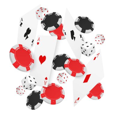 Casino kavram kartları ve cips yüzer. Casino poker tasarım şablonu. Düşen poker kartları ve oyun ucky arka plan fişleri.