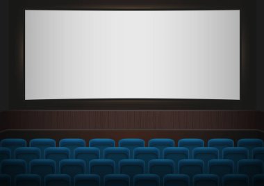 Bir sinema sinema iç. Mavi sinema ya da tiyatro koltukları beyaz boş ekran önünde. Boş sinema konferans salonu vektör arka plan.