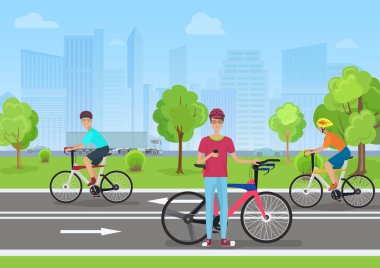 Bisikletçiler parkta vektör Illustration. Adam bisikletçi telefonunu kullanma. Bisikletçiler parkta modern şehir artalanları üzerinde yürümek..