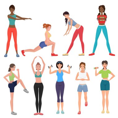 Spor fitness sağlıklı kız ayarla. Kadınlar halter, barbell ile fitness aletleri spor giyim.