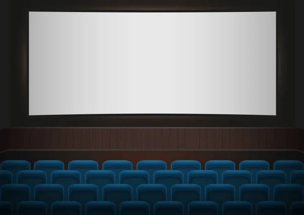 Bir sinema sinema iç. Mavi sinema ya da tiyatro koltukları beyaz boş ekran önünde. Boş sinema konferans salonu vektör arka plan. — Stok Vektör