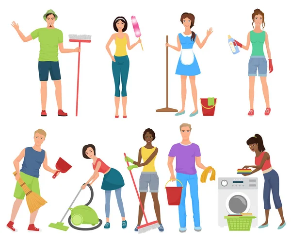 Limpieza de conserjes de hombres y mujeres. Limpieza de personas que trabajan lavando con equipo de limpieza conjunto. Servicio de limpieza . — Vector de stock