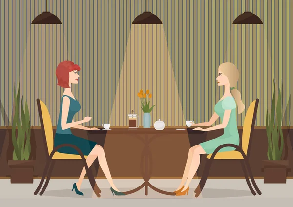 Δύο νεαρές γυναίκες πίνουν καφέ στο καφέ εστιατόριο. Κυρία κορίτσια γεύμα μαζί. — Διανυσματικό Αρχείο
