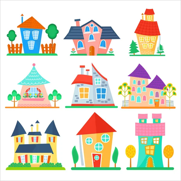 Mignonne collection de maisons de dessin animé. drôle coloré enfant vecteur maison ensemble. — Image vectorielle