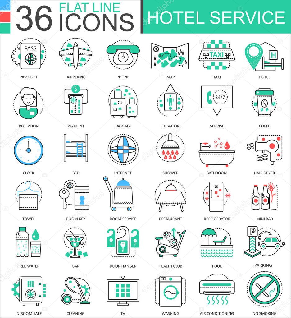 Vector Hotel service flat line outline icons for apps and web design. Hotel service icon.