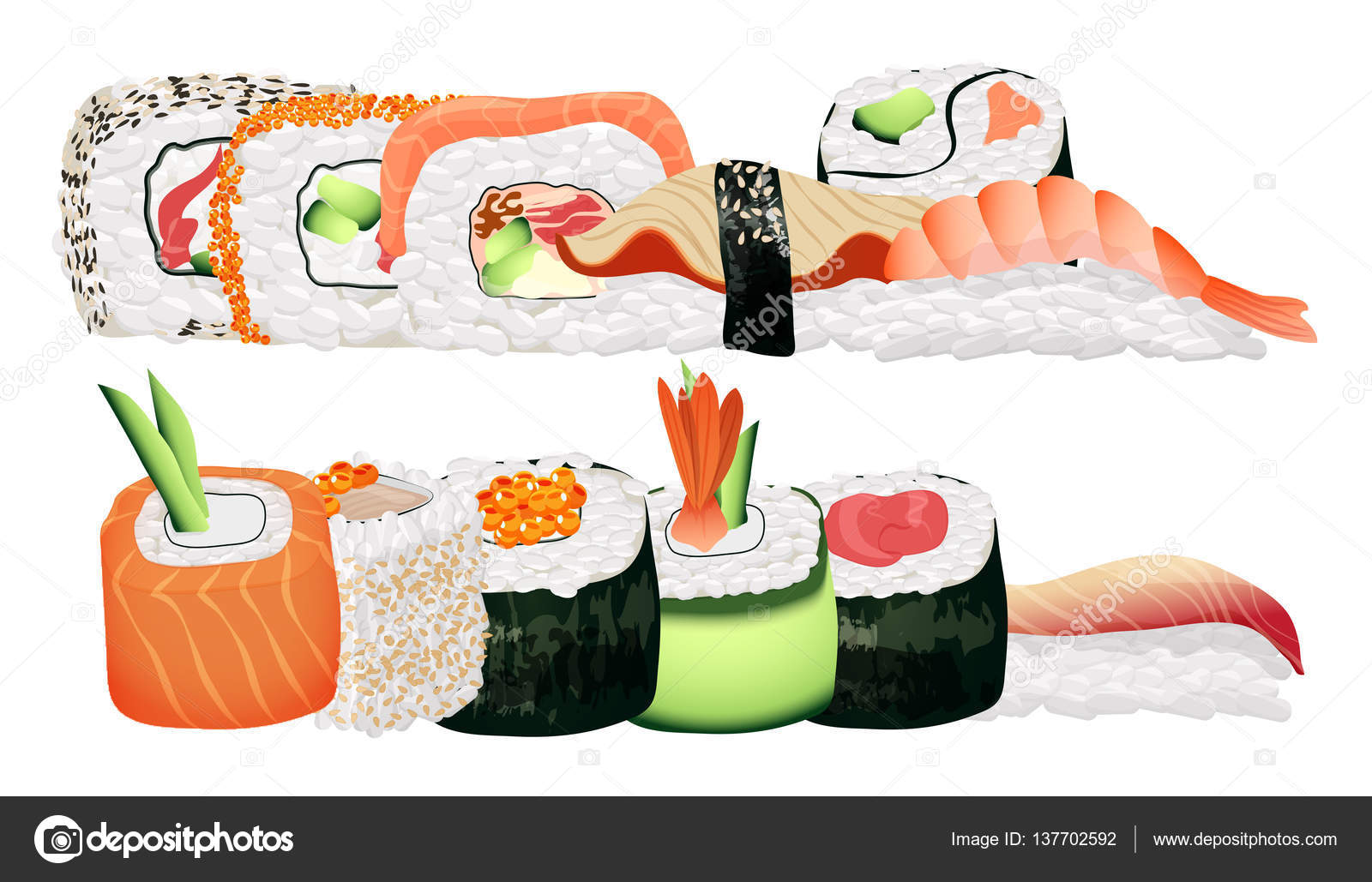 건강 한 아시아 초밥 식당 메뉴에 음식. 스톡 벡터 - ©Lembergvector 137702592 일본 해산물 스시 롤 그룹. 건강 한 아시아 초밥 식당 메뉴에... 