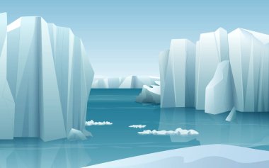 Cartoon realistic nature winter arctic ice landscape with iceberg and snow mountains hills.