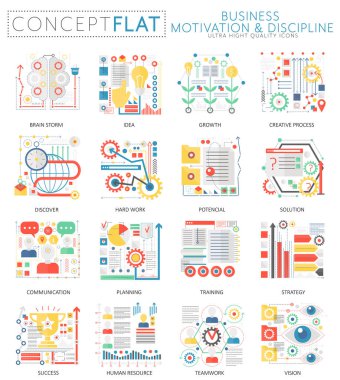 Web için Infographics mini kavramı iş motivasyon simgeler. Üstün kaliteli simgeler öğeleri kavramsal düz tasarım web grafik renk. İş motivasyon disiplin kavramları.