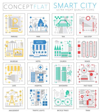 Web için Infographics mini kavramı akıllı modern şehir öğeleri simgeler. Premium Kalite Tasarım web grafik simgeler öğeleri. Akıllı şehir kavramları.