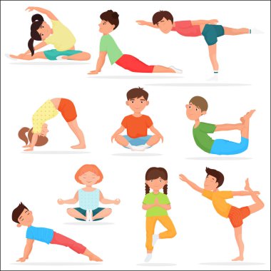 Şirin yoga çocuklar ayarlayın. Çocuk yoga jimnastik vektör çizim.