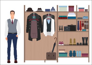Şık moda erkek ve erkek gardırop. Erkek soyunma odası tasarım vektör. Giysi ve ayakkabı askıları.