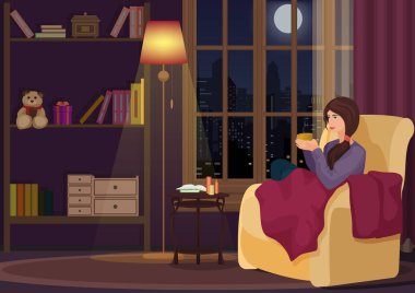 Genç kadın evde oturma odasında rahatlatıcı ve kahve veya çay içme yumuşak chear oturuyor. Kız gece iç aittir.