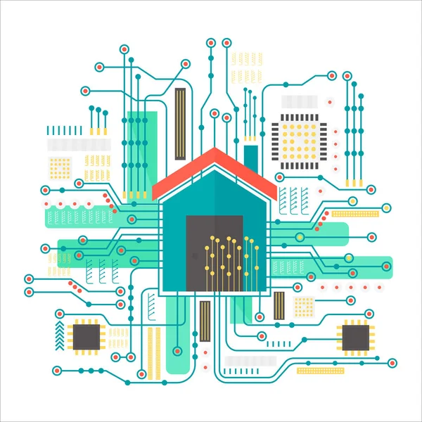 Concepto de hogar inteligente vectorial. Hogar inteligente en caminos de microchips fondo futurista. Internet de las cosas tecnología . — Archivo Imágenes Vectoriales