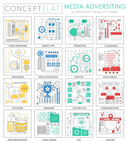 Infográficos mini conceito Ícones de publicidade de mídia para web. Premium qualidade design web gráficos ícones elementos. Conceitos de tecnologia de publicidade . — Vetor de Stock