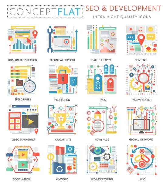 Infographics mini konceptet Seo och utveckling ikoner för webben. Premiumkvalitet färg konceptuell platt design webbgrafik ikoner element. Medicin hälsa begrepp. — Stock vektor