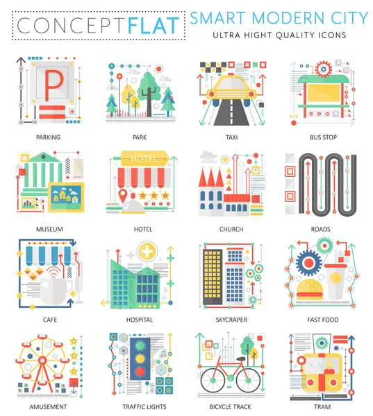 Infográficos mini conceito Inteligente elementos da cidade moderna ícones para web. Cor de qualidade premium conceitual design plana web gráficos ícones elementos. Conceitos da cidade inteligente . — Vetor de Stock