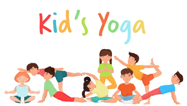 Söt yoga kids team group. Barn yoga gymnastik grupp bakgrund vektorillustration. — Stock vektor