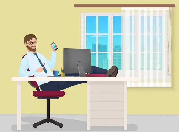 Hombre de negocios exitoso descansando en el lugar de trabajo en la oficina. El gerente se sienta en una silla, con los pies sobre la mesa. Ilustración del vector empresarial . — Vector de stock