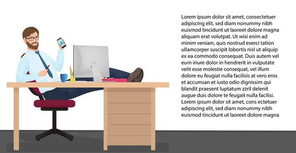 Succesvolle zakenman rest gelet op de werkplek op kantoor. Vector Man manager zit op een stoel, zijn voeten op tafel. — Stockvector